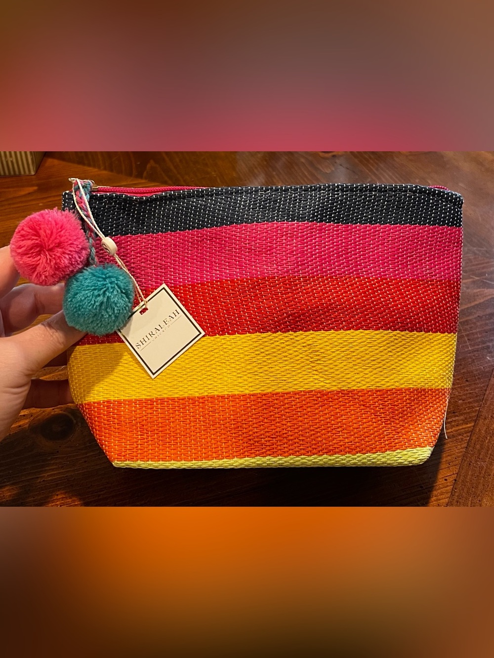 New! Shiraleah Rainbow Navy & Pink Multi Stripe Cosmetic Bag with Pom Poms NWT!